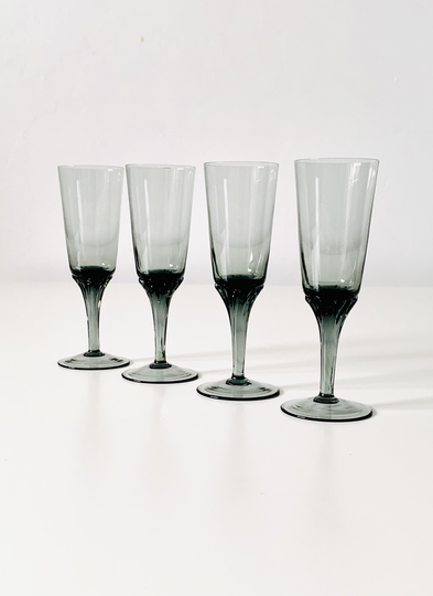 Set X 4 Vintage Handblown Smoky Grey Glass Sherry/Dessert Wine Glasses