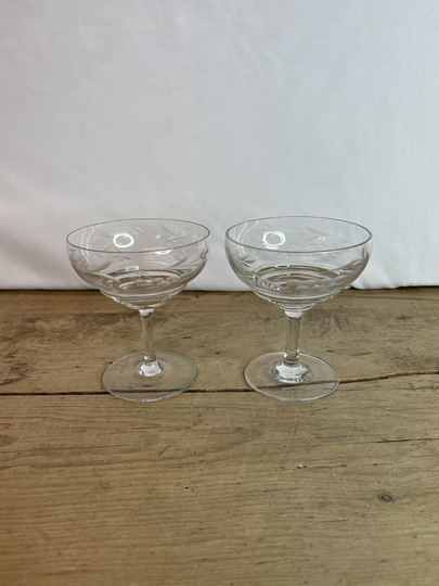 Vintage Pair Of Large Clear Glass Champagne Saucers Wine Glasses With Etched Grape & Leaf Design Very Pretty Set in Good Condition
