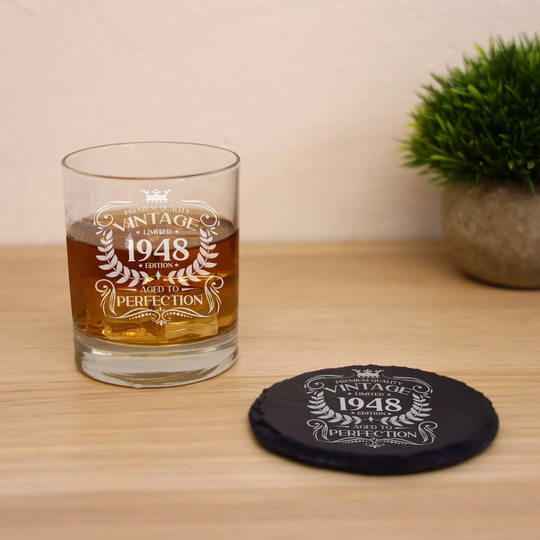 Vintage 1948 Engraved Whiskey Glass - 75Th Birthday Aged To Perfection 75 Year Old Gifts Bourbon Scotch Whisky Tumbler & Coaster Set