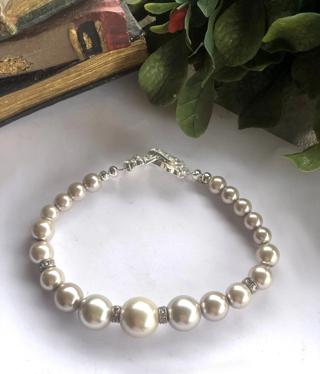 Champagne Pearl Bracelet, Silver & Rhinestone Mother Of The Bride Gift, Glass With Clasp Bangle