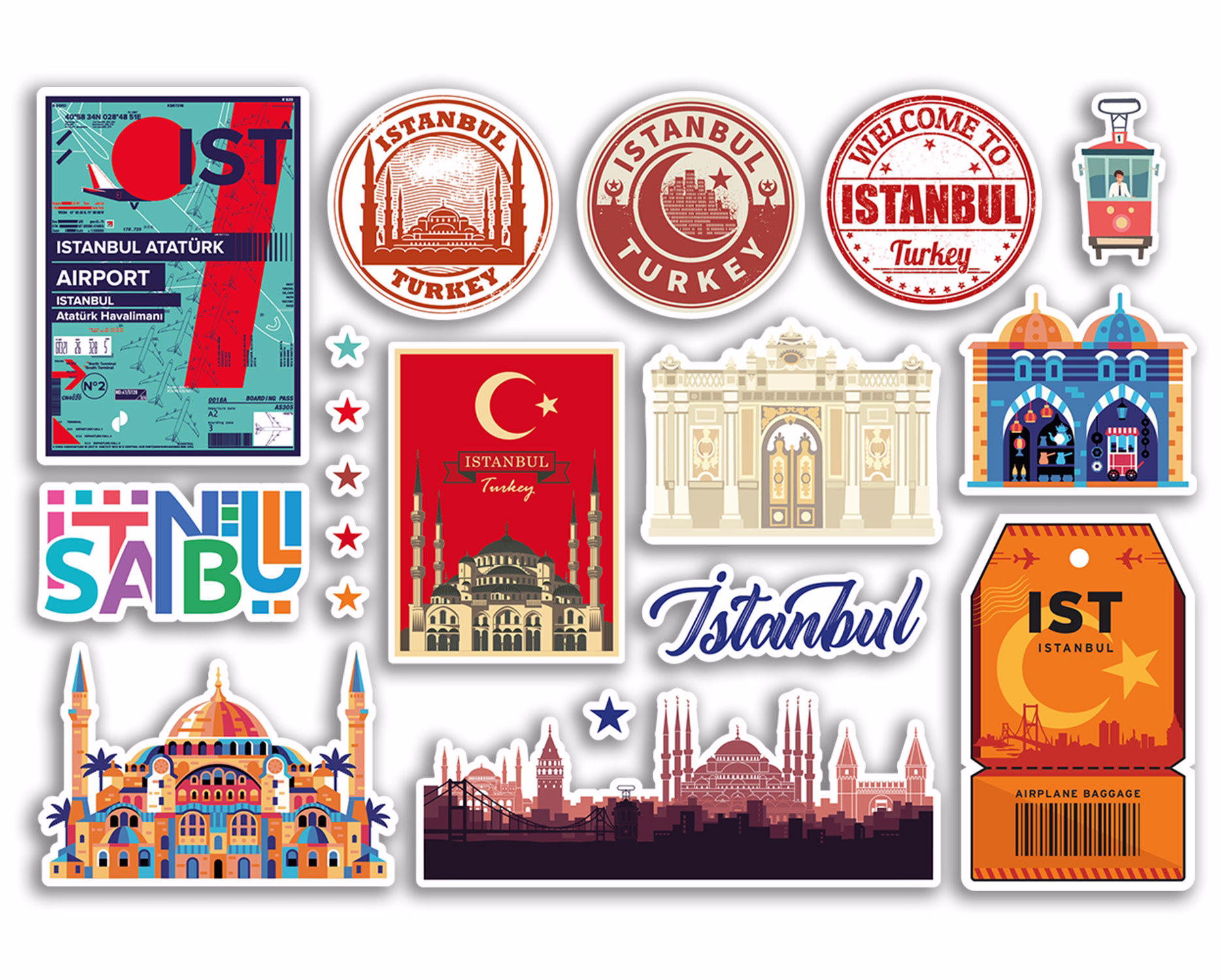 A5 Sticker Sheet Istanbul Landmarks Vinyl Stickers - Turkey Turkish Beach Airport Stamps Skyline Flag Travel Holiday City Luggage #79107