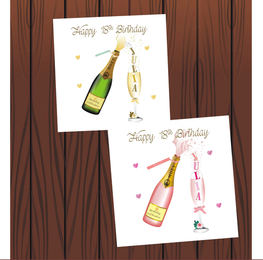 Personalised Birthday Card Champagne 18Th, 21st, 30Th, 40Th, 50Th, 60Th Any Age. Name