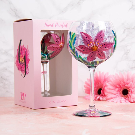Hand Painted Lily Flowers Design Cocktail Gin Tonic Wine Balloon Drinking Glass