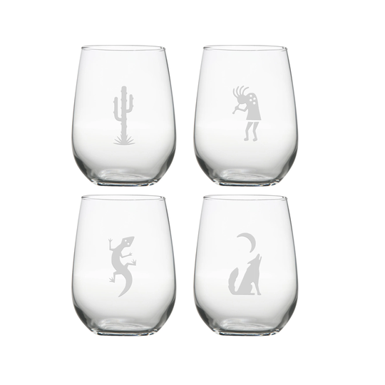 Southwest Glasses - Set Of 4 Wine Glass Cactus Kokopelli Coyote Lizard Southwest Home Decor