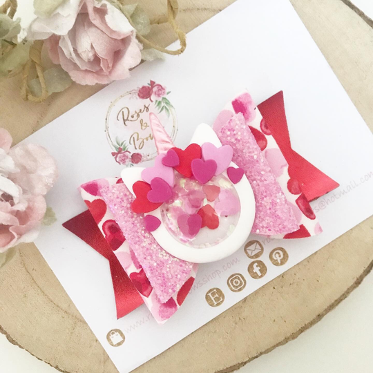 Pink Valentines Shaker Unicorn Hair Bow - Heart Headband Glitter Baby Headband Girls