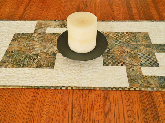 Neutral Table Runner in Batik Earth Tones Brown Taupe Gold Gray Cream, Modern Quilted Runner, Dining Decor, Coffee