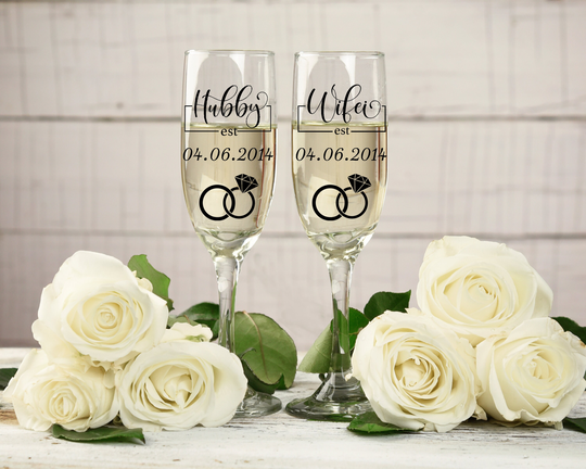 Personalised Wife & Hubby Champagne Flute, Custom Wine Glass Set, Couple's , Anniversary Wedding Gift