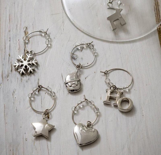 Set Of Six Nickel Silver Christmas Wine Charms, Hostess Gift, Party Accessory, Stocking Filler