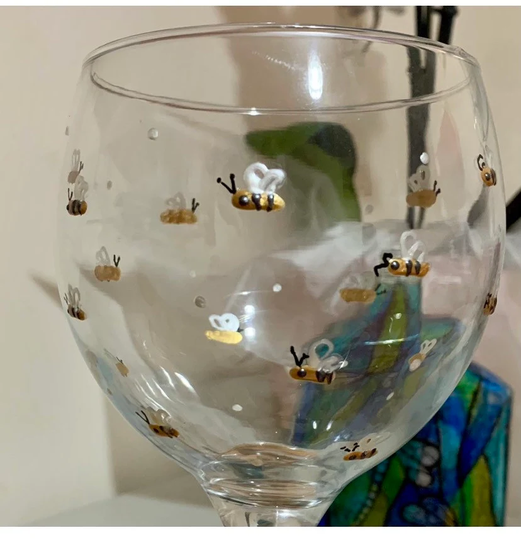 Large Gin Glass/ Handpainted Gift/ Bee Flower Dragonfly/ Best Friend Gift For Her
