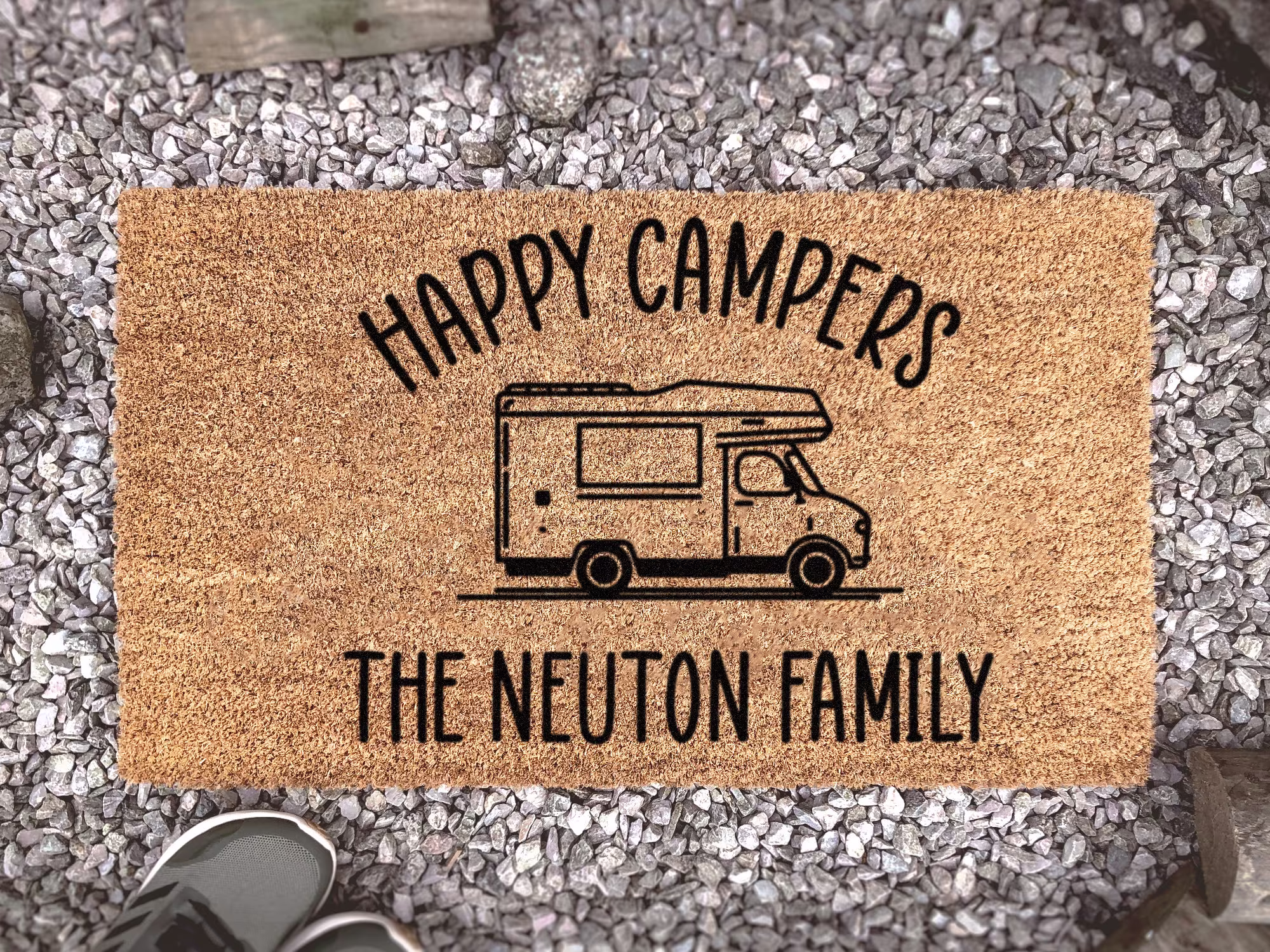 Happy Campers Doormat - Personalized Family Name Mat Custom Travelling Camper Rug Cute Mobile Home Coir