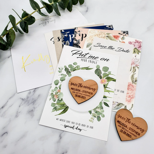 Save The Date Magnet With Cards, Personalised Wedding Invitation, Invites, Greenery Wooden Dates, Free Envelope - Botanical