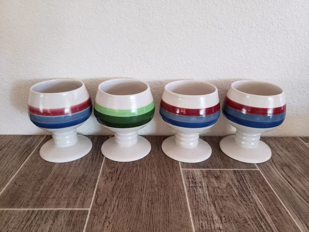 Vintage Ceramic Stoneware Wine Goblets | 4 Striped 1970's
