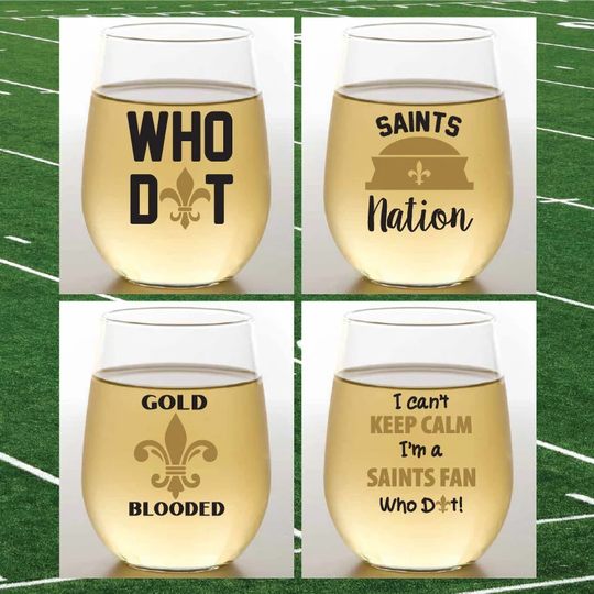 4-Pack Wine-Oh Designer Shatterproof Plastic 16 Oz. Stemless Wine Glasses Saints