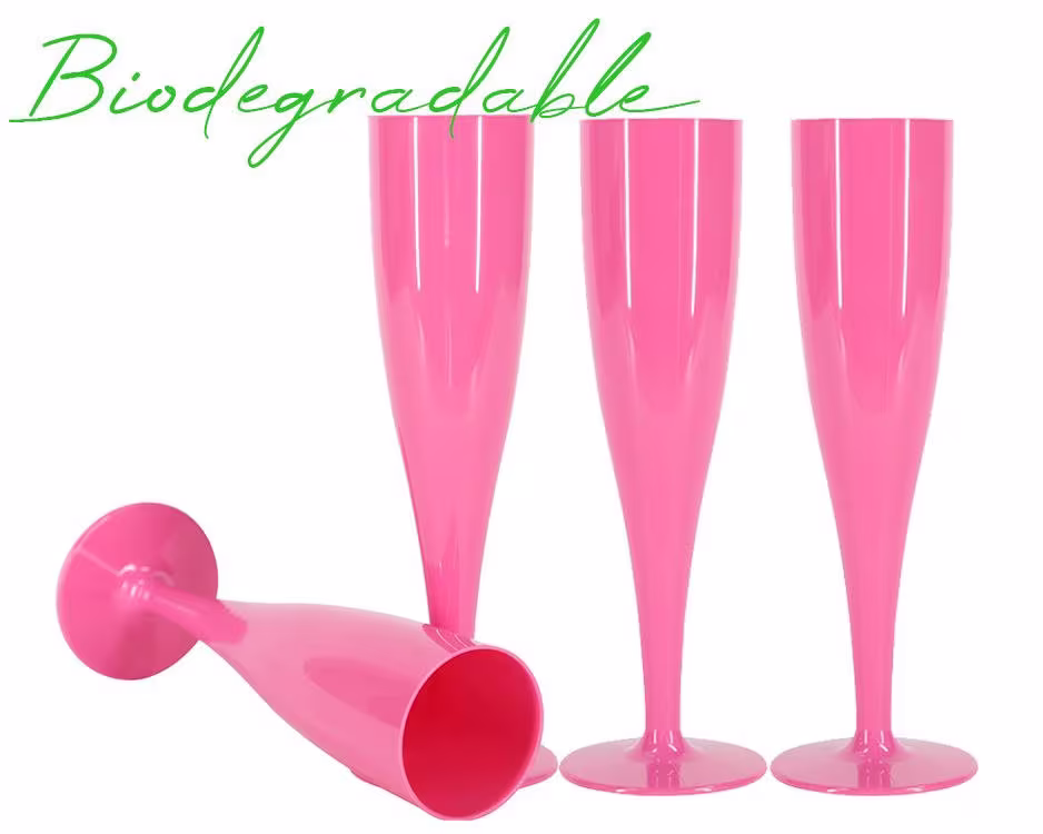 10 X Pink Prosecco Flutes - Made From Biodegradable Material in Glossy Fuchsia Colour 1-Piece Champagne Glass | Pack Of Glasses Hen Do