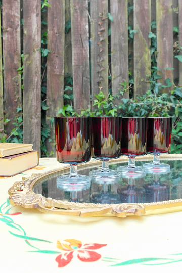 Large Luminarc Tumblers, 70S French Red Wine Glasses, Stemmed Glassware, Cavalier Cordial Retro Barware Set Of 4