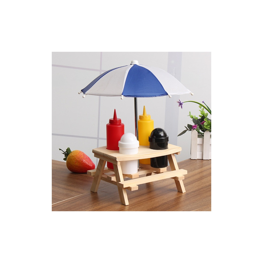 Picnic Table Parasol Pub Cruet Condiment Set Salt Pepper BBQ Sauce Bottle Holder