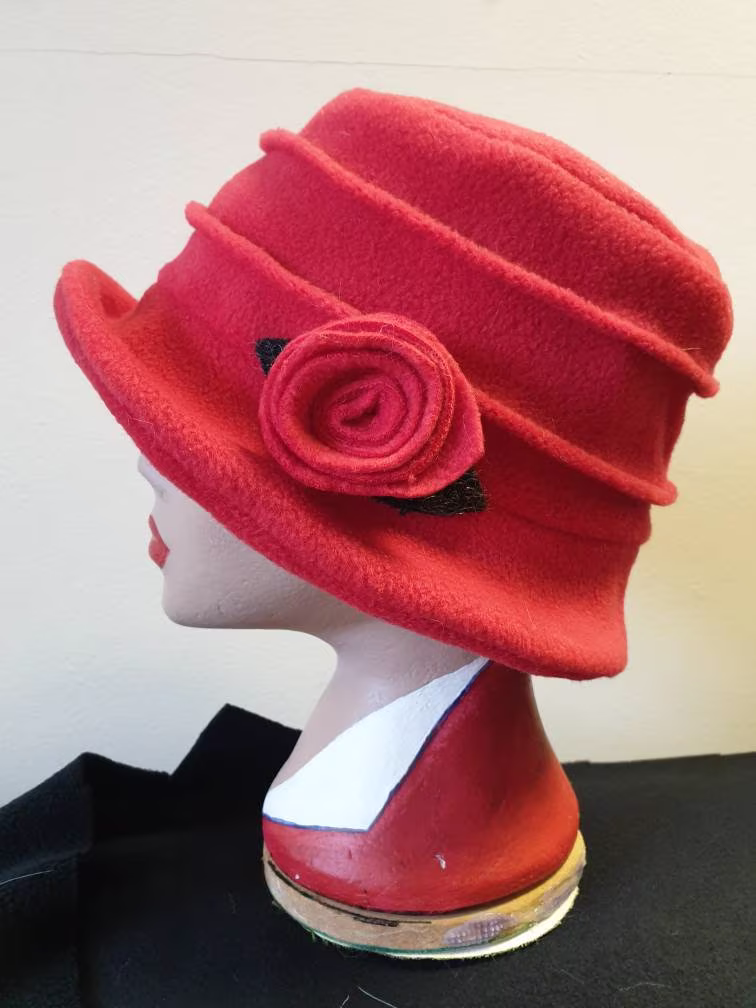 Red Fleece Hat Lined With Polar Fleece-Downton Abbey Hat-Womens Winter Hat-1930's-Vintage Hat-Ladies