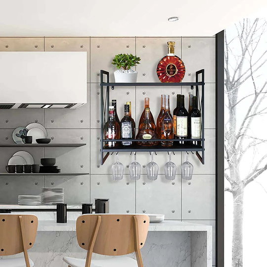 Wine Racks Wall Mounted, 24.2In Black Metal Multipurpose Shelf Hung Bracket With Glass Holder, 2-Tiers Wall Mount Bottle Holder Glass Rack