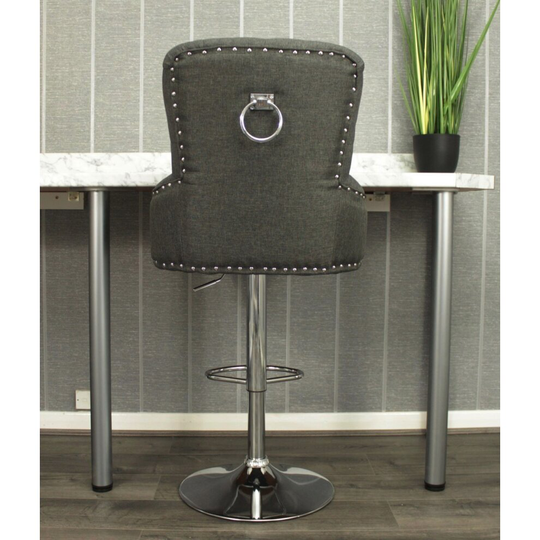 GREY Linen Bar Stool with Ring Knocker Chrome Stand gas lift swivel kitchen bar
