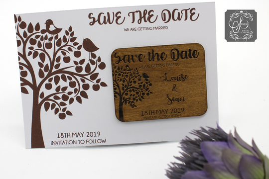 Tree & Love Bird Save The Date Square Magnet On White Card