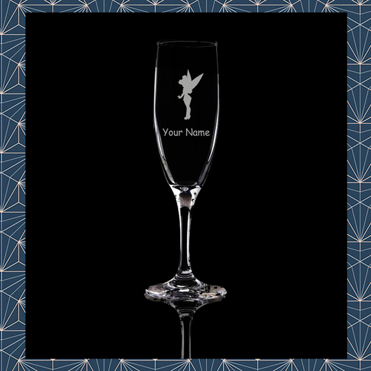 Tinkerbell Fairy Engraved Flute Prosecco Glass. Beautiful Etched Personalised With Name. Design Won't Wear Off Like Vinyl.39