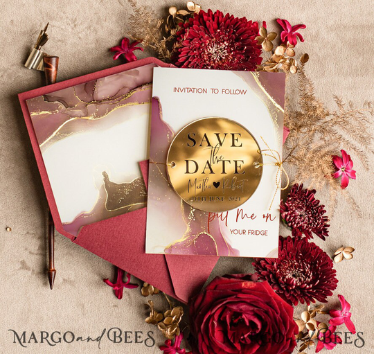 Personalised Burgundy Gold Acrylic Circle Save The Date Magnet Card Dates Plexi Magnets Wedding Boho Save Our Date Golden Marble Card