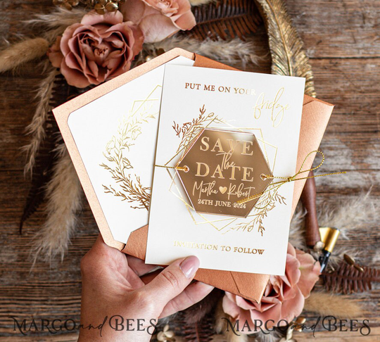 Terracotta Hexagon Gold Acrylic Save The Date Magnet Card Wedding The Dates Plexi Magnets, Boho Date