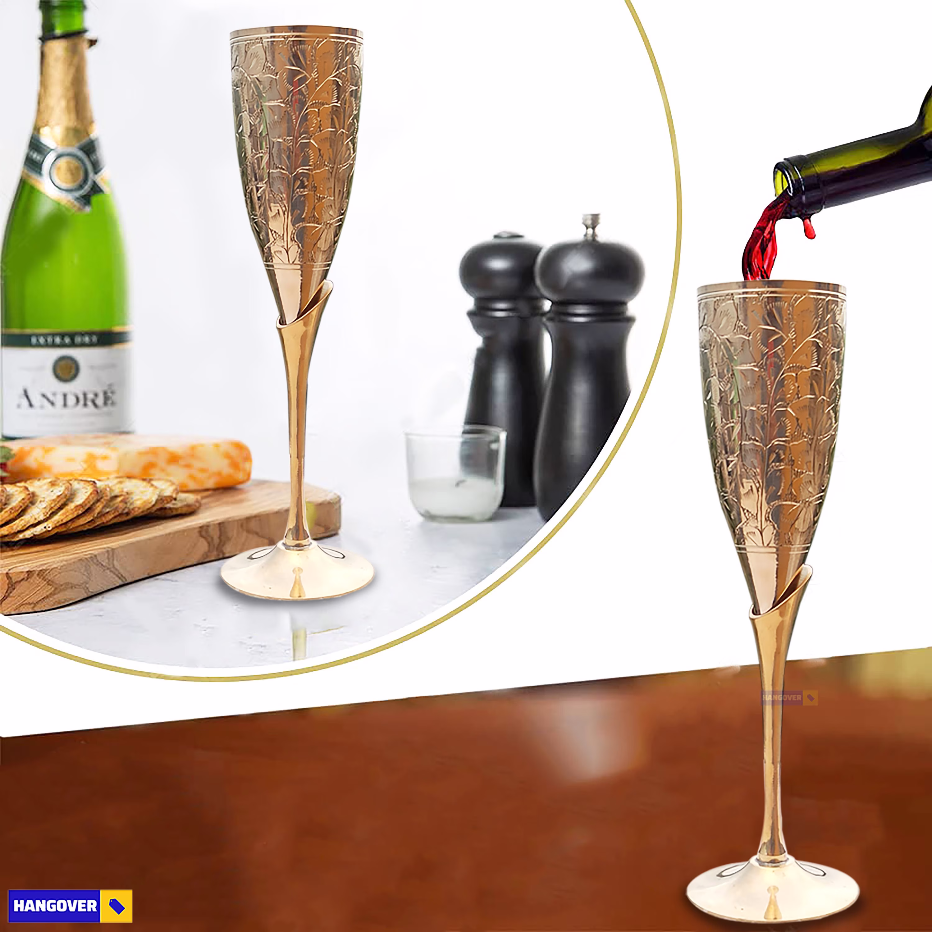 Brass Wine Tumbler | Engraved Finish Glass Set Of 2 Drinkware Wedding Gift, Bridesmaid Gift Décor, Goblets