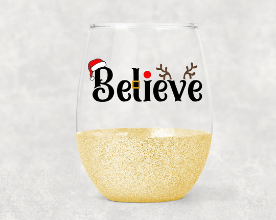 Christmas Wine Glass - Stemless Glitter Believe - Movie Santa - Tumbler - Gift - Dipped