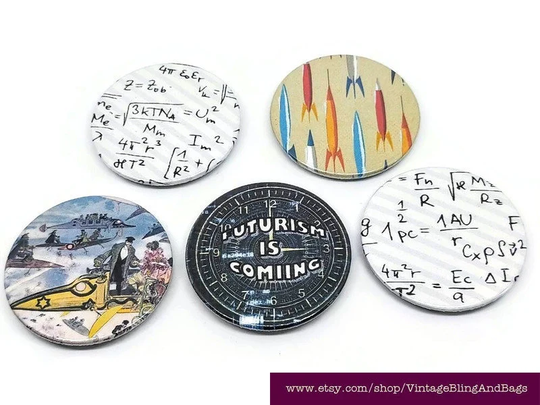 45mm Sci-Fi Refrigerator Magnet, Handmade Fridge Space Rocket Math Flying Car Kitchen Decor