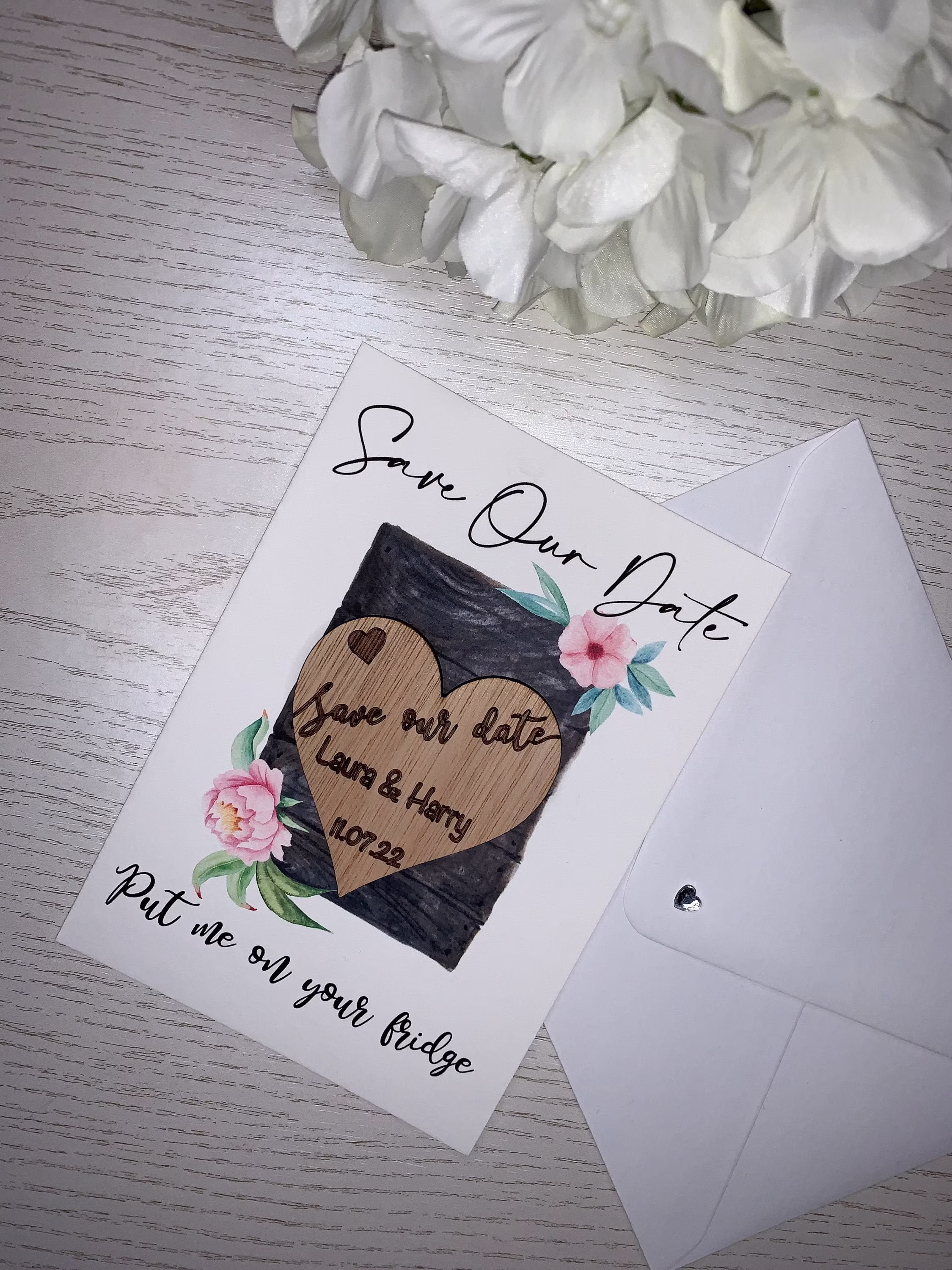 Wooden Heart Personalised Save The Date Magnet & Card