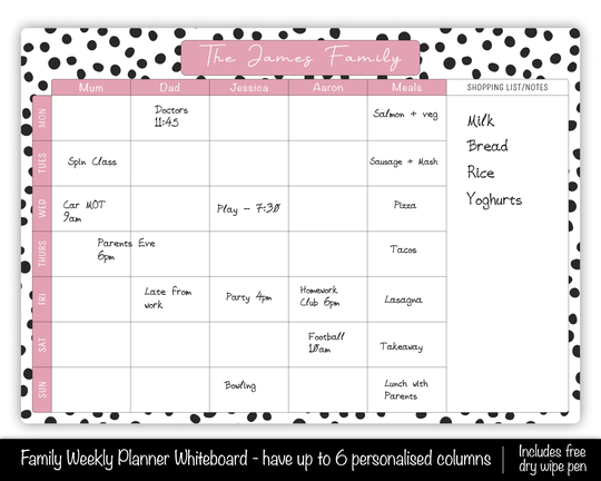 A3 Wall Planner Whiteboard, Personalised Large Family Organiser, Meal Planner, Aluminium Dry Erase White Board Command Centre