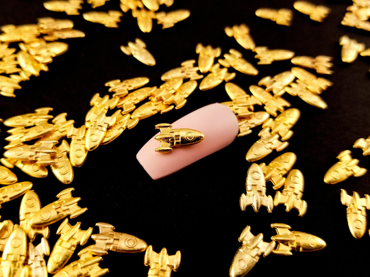 10mm Gold Toned Metal Rocket Cabochons, Cute Nail Art Cabs, Space Resin Embellishment Floating Charm Shaker Add-On, Jewelry Galaxy