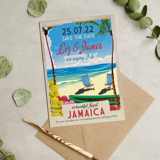Jamaica Beach Vintage Postcard Destination Wedding Save The Date Cards & Envelopes