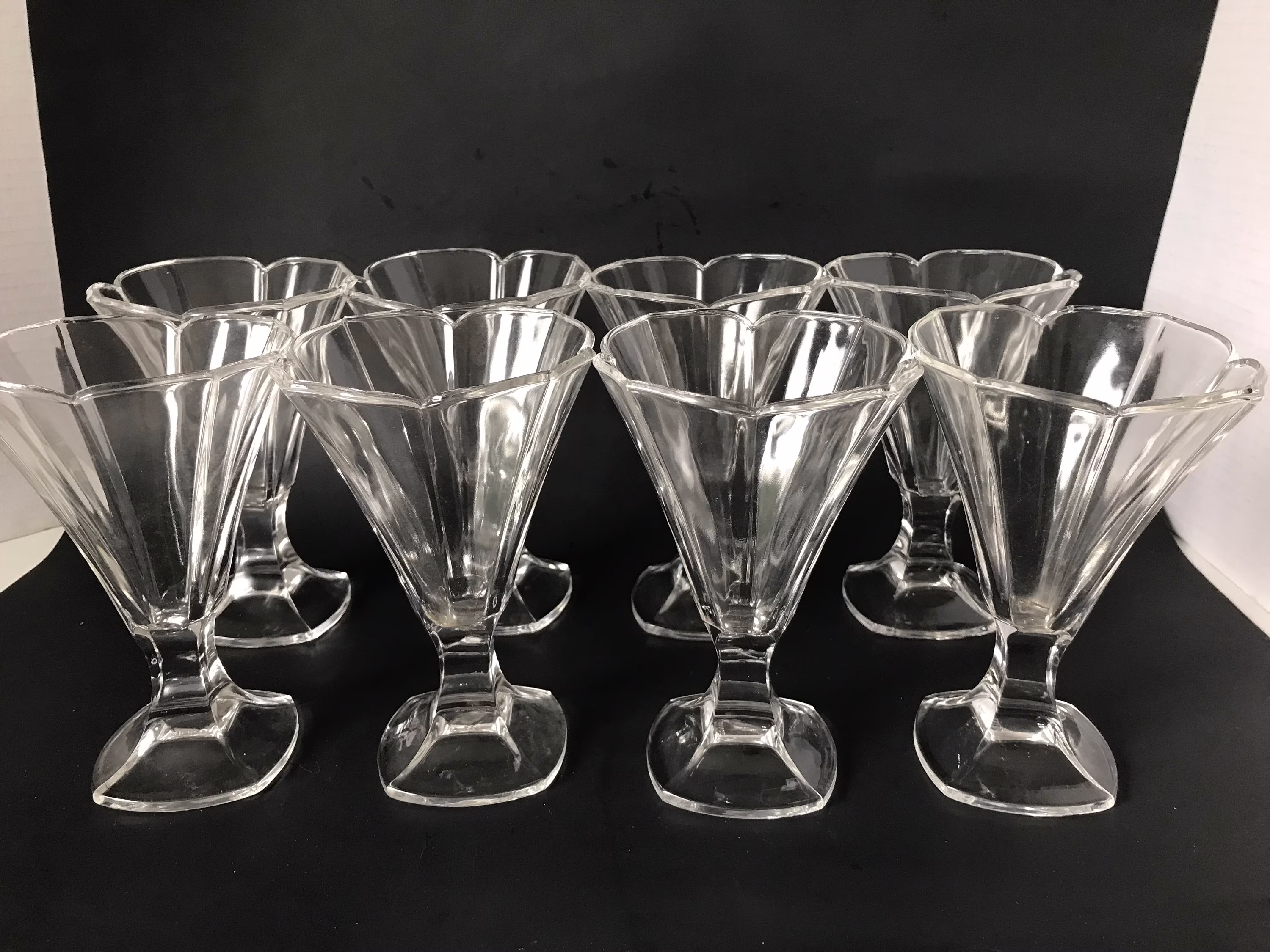 French Crystal V Shaped Bowl, Scalloped Rim Pattern Vintage Cut Foot Ice Tea/Parfait Glasses - Set Of 8 Made in France