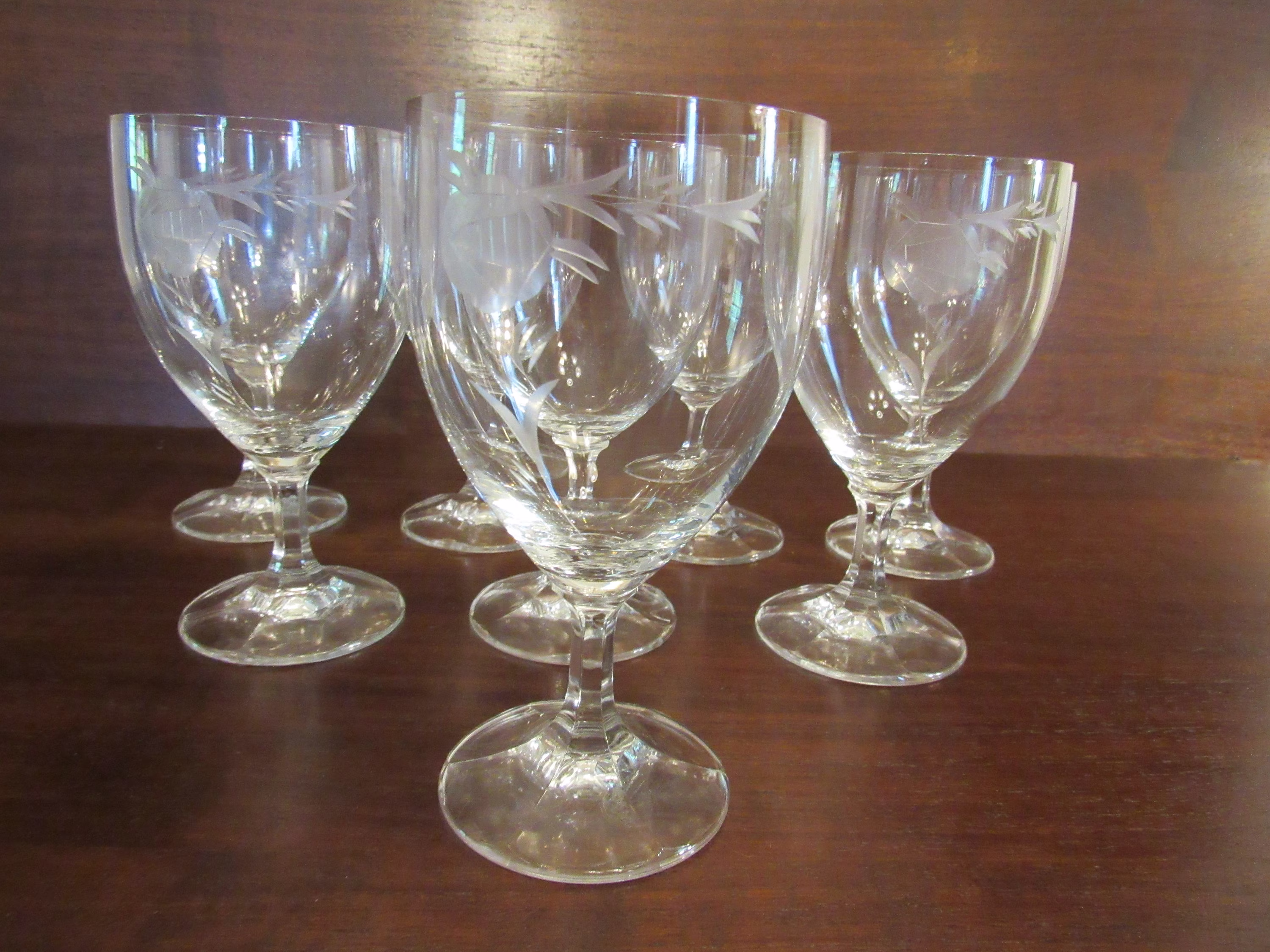 Blush Rose By Bavarian Crystal, Etched Design, Crystal Water Glasses, Single Leaves & Stem, Stemware, Barware, Set Of 8 | 2728