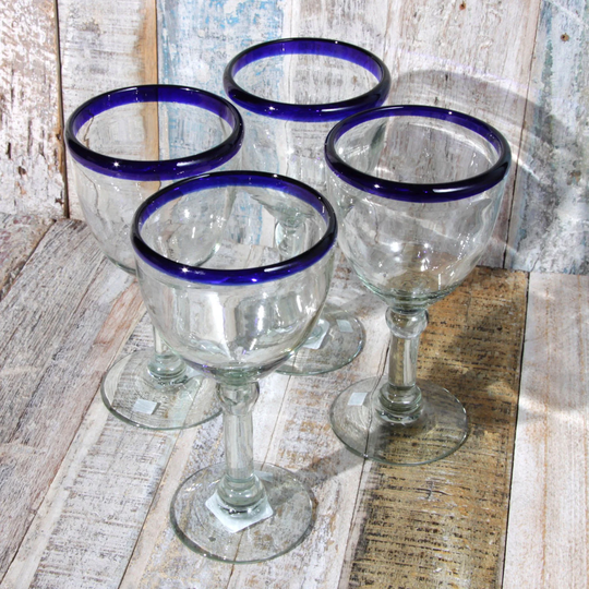 Mexican Recycled Blue Rim Wine Glasses X 4