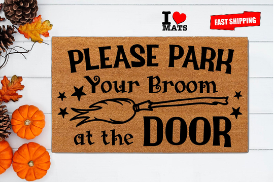Park Your Broom Doormat, Witches Doormat, Halloween Housewarming Gift, Wipe It, Welcome Front Broom