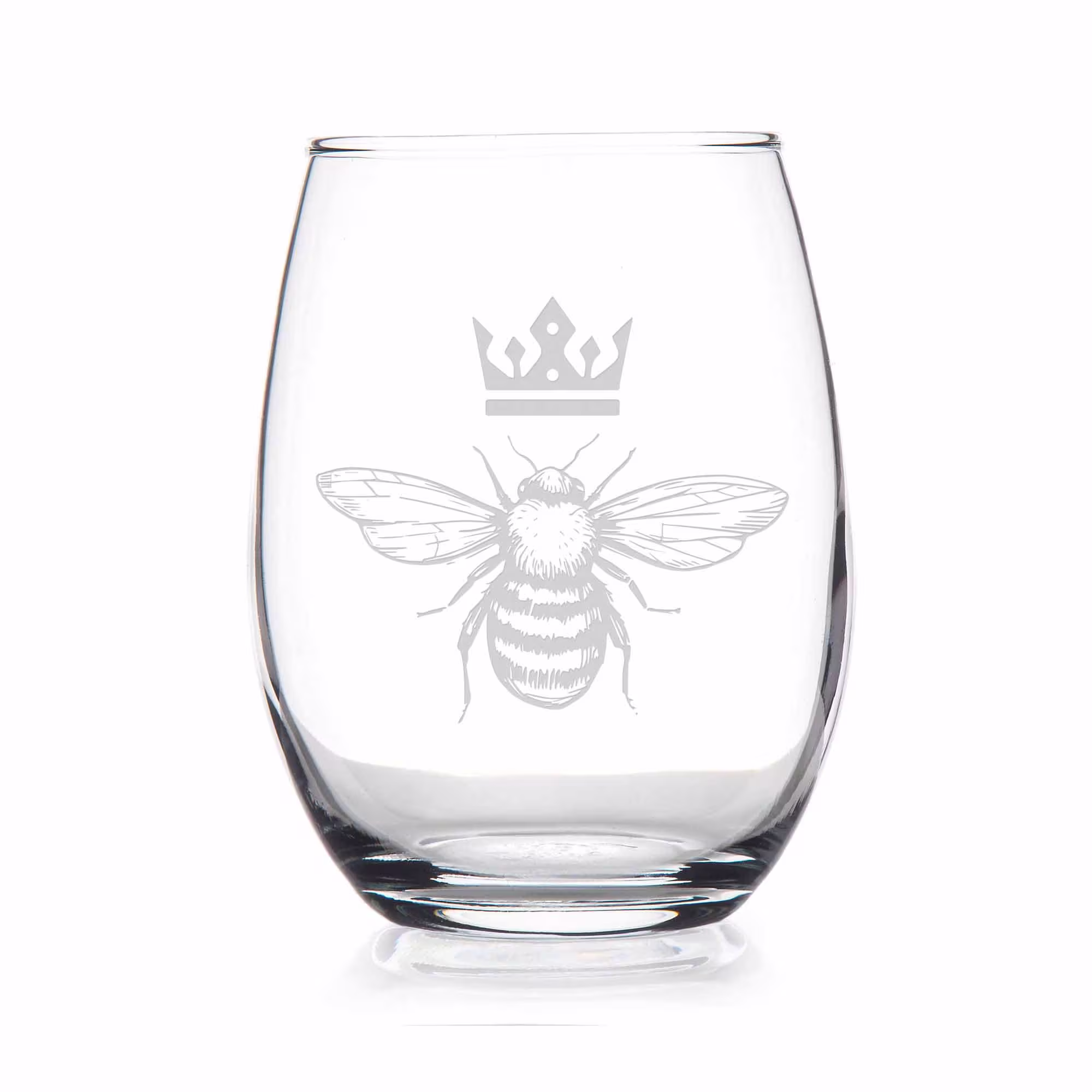Bee With Crown Queen Stemless Wine Glass - Glass, Gift, Birthday Gift For Her