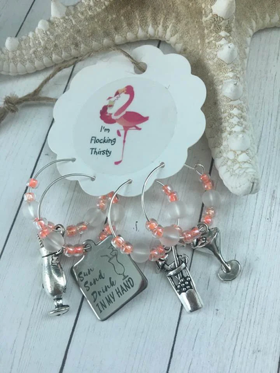 Happy Hour Wine Charms, Wine Bottle Tag, Wine Lovers Gift, Flocking Thirtsy, Drink in My Hand Charms, Bartenders Gift, Wine Glass Charms