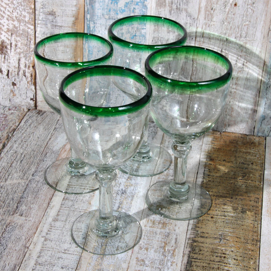 Mexican Recycled Green Rim Wine Glasses X 4