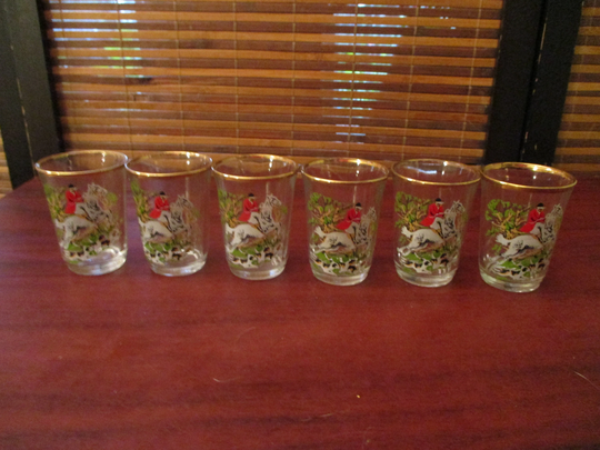 Small Liqueur Shot Glasses - Set Of Five Fox & Hound Design Gold Gilt Edge | 1960S