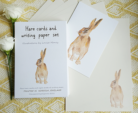Hare Card & Writing Pack. Multi Pack Of Four Hare Cards Eight Paper Sheets. Gift. Luxury Stationery