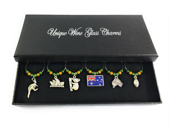 Set Of 6 Australia/Australian Wine Glass Charms By Libby's Market Place
