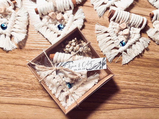 Macrame Boho Set Of 10-50 Wedding Magnet Favors, Baby Shower Engagement Macrame Favors On Cinnamon Sticks, Fridge