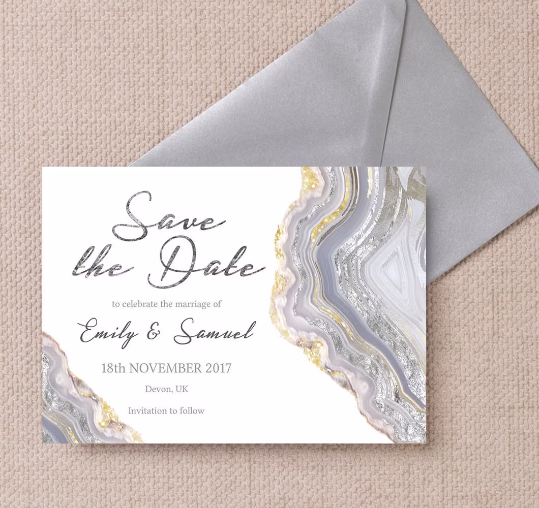 Agate Crystal Silver Grey Wedding Save The Date Cards