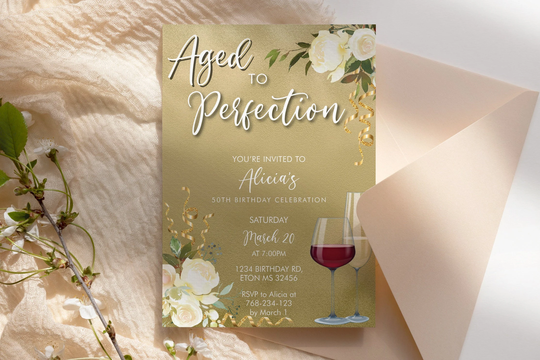 Wine Birthday Invitation Gold Ivory Template, Aged To Perfection Rose Editable Party Invite Women, Printable Champagne Glass