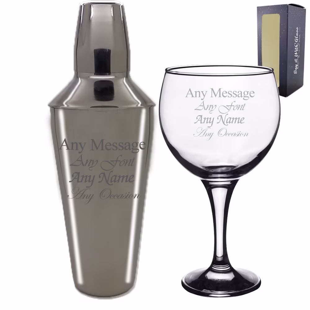 Personalised Engraved Cocktail Shaker With Strainer & Gin Balloon Glass, Perfect For Any Lover, Great Occasion