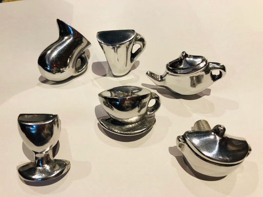 Kitchen Drawer Pulls Made Of Hand Polished Solid Aluminium, Screws Provided. Set 6 Handles For Cupboard Doors. Jug, Wine Glass, Tea Pot