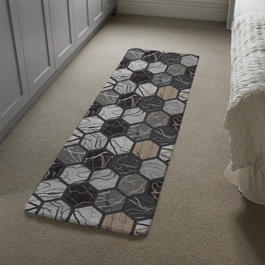Macpherson Hexagon Marble Designer Shaggy Black/Grey/Cream Rug